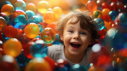 Fototapeta na wymiar Cute and smiling child has fun and jumps into the tub full of colorful balls. Happy and smiling. Generative AI