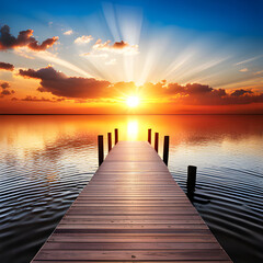 Fototapeta na wymiar Wooden dock in lake water with morning sunrise sky