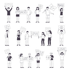 People Character Partaking in Demonstration for Love and Peace with Placard Big Vector Set