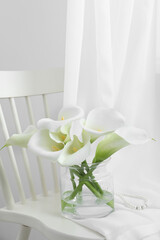 Beautiful calla lily flowers in glass vase on white chair indoors