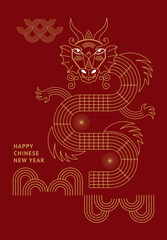 Chinese Happy New Year 2024. Year of the Dragon. Symbol of New Year. Line art, dragon in geometric style - 625275526