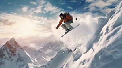 Naklejka na ściany i meble Extreme winter sports atop a mountain, Generative AI.