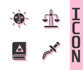 Set Dagger, Sun, Ancient magic book and Libra zodiac icon. Vector