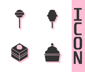 Set Cake, Lollipop, Brownie chocolate cake and Cotton candy icon. Vector