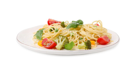 Plate of delicious pasta primavera with tomatoes, basil and broccoli isolated on white