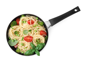 Delicious pasta primavera in frying pan isolated on white, top view