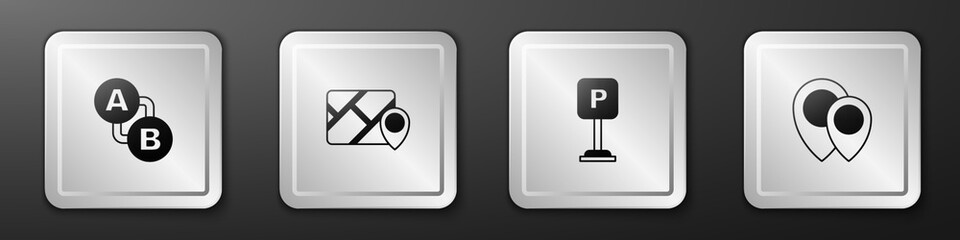 Set Route location, Infographic of city map navigation, Parking and Location icon. Silver square button. Vector