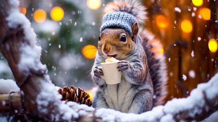 A cheerful cute squirrel in a knitted hat drinks cocoa from a cup against the background of a winter forest with fir trees, snow and colorful lights. Postcard for the New Year holidays.Generative AI