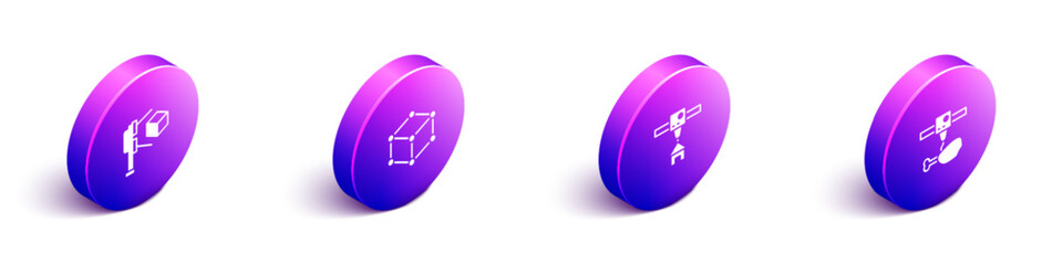 Set Isometric 3D scanner with cube, Isometric, printer house and chicken leg icon. Vector
