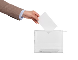 Woman putting her vote into ballot box on white background, closeup