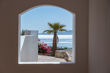 Window hole in the white stone wall of a building overlooking the Red Sea and a palm tree on a tropical beach in resort town Sharm El Sheikh, Egypt
