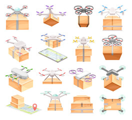 Drone Carrying Cardboard Parcel Box to Point of Destination Big Vector Set
