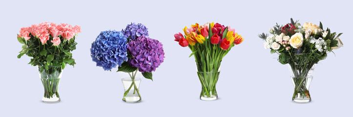 Collage of stylish vase with different bouquets on light grey background. Banner design
