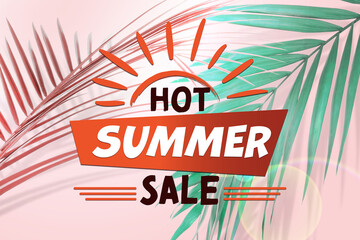 Flyer design with colorful palm leaves and text Hot Summer Sale on pink background