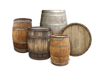 Many different wooden barrels on white background
