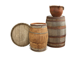 Fototapeta premium Many different wooden barrels and clay pot on white background