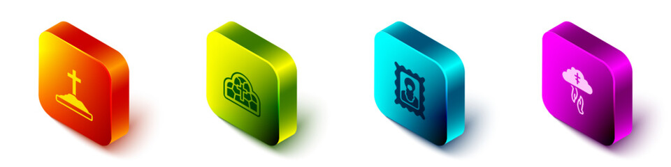 Set Isometric Grave with cross, Stained glass, Christian icon and God's helping hand icon. Vector