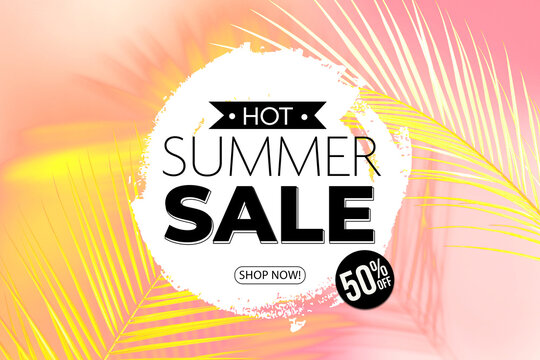 Hot summer sale flyer design with bright palm leaves on pink background