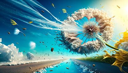 Dandelion concept with flash and swirl seeds against a blue sky and field.Generative AI