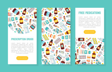 Obraz premium Drug and Medicine Banner Design with Pill and Tablets Vector Template