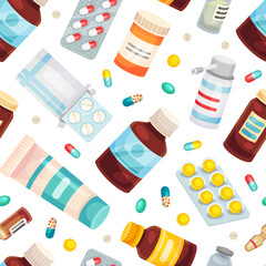 Drug and Medicine Seamless Pattern Design with Pill and Tablets Vector Template