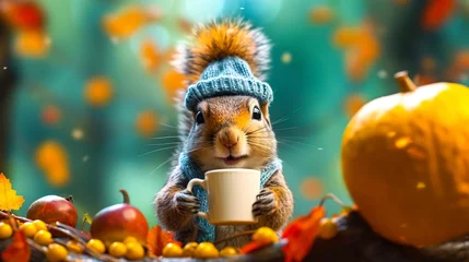 Fotobehang A cute squirrel in a knitted hat drinks tea from a cup against the backdrop of an autumn forest.Beautiful card for Thanksgiving.Generative AI © Evgeniya Uvarova