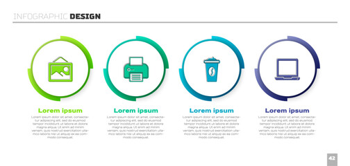 Set Picture landscape, Printer, Coffee cup to go and Laptop. Business infographic template. Vector