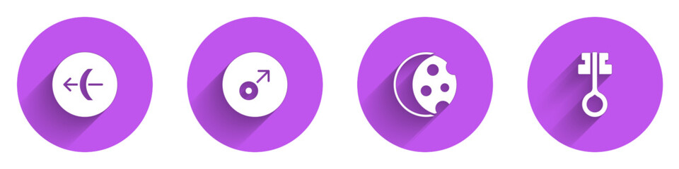 Set Sagittarius zodiac, Mars symbol, Eclipse of the sun and Old magic key icon with long shadow. Vector