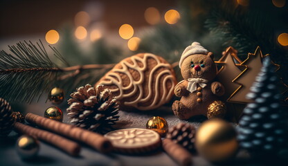 A gingerbread man sits surrounded by cones and a branch of a Christmas tree.Generative AI