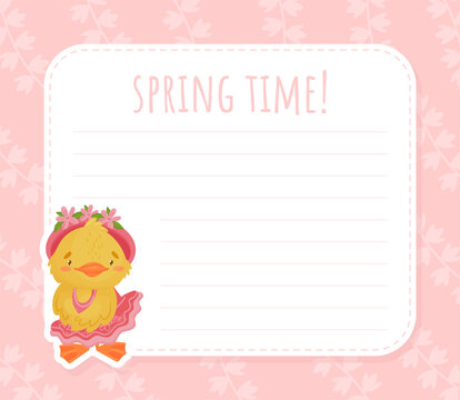 Spring Time Card Frame with Cute Yellow Duckling Chick Vector Template