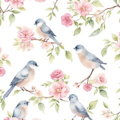 seamless floral and birds pattern water colour illustration