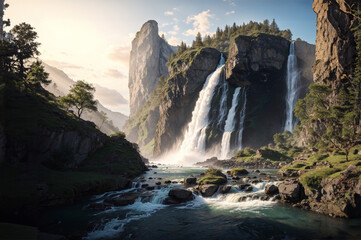 Beautiful waterfall landscape in the morning 