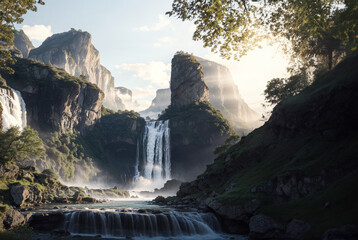 Beautiful waterfall landscape in the morning 