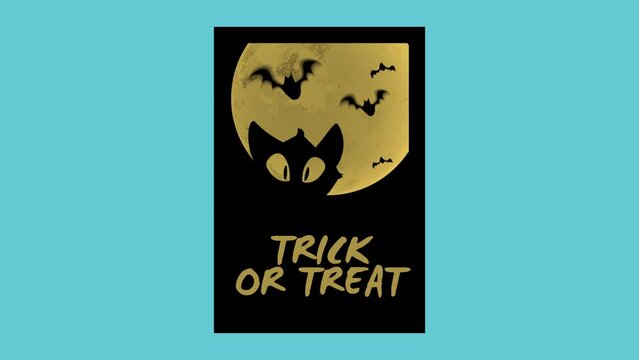Trick Or Treat with cat and bats in night, motion holidays, horror and Halloween style background