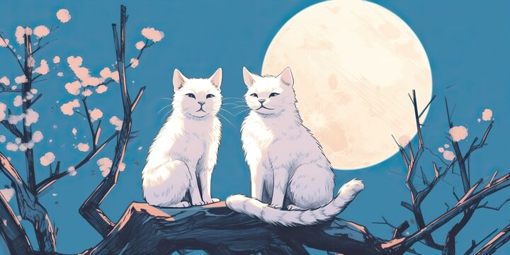 AI Generated. AI Generative. Two cats sitting at night in front of the moon together. Love romantic valentine post card vibe. Graphic Art