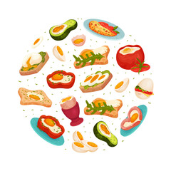 Tasty Egg Food Round Composition Design with Cooked Meal Vector Template