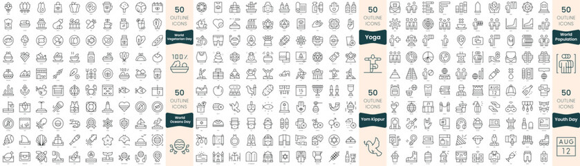 300 thin line icons bundle. In this set include world oceans day, world population, world vegetarian day, yoga, yom kippur, youth day - obrazy, fototapety, plakaty