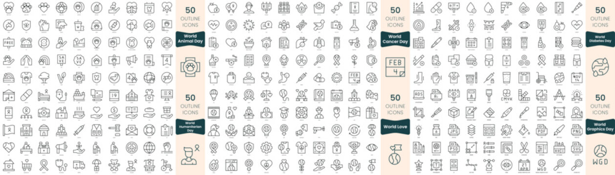 300 thin line icons bundle. In this set include world animal day, world cancer day, world diabetes day, world graphics day, world humanitarian day, world love