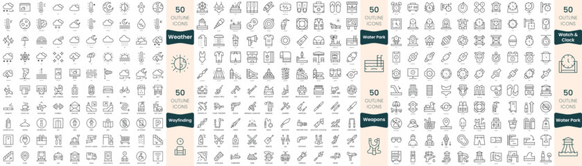 300 thin line icons bundle. In this set include watch and clock, water park, wayfinding, weapons, weather - obrazy, fototapety, plakaty