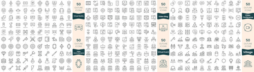 Fototapeta na wymiar 300 thin line icons bundle. In this set include video blog, video conference, video game elements, village, virtual event, virtual reality