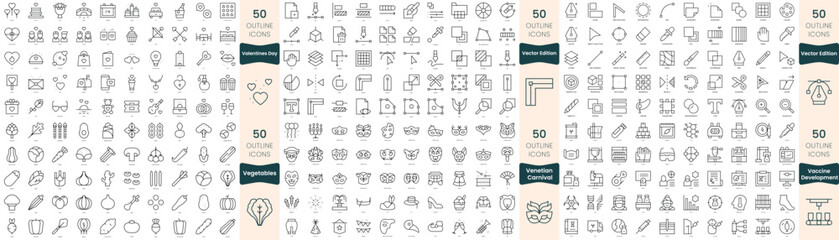 300 thin line icons bundle. In this set include vaccine development, valentines day, vector edition, vegetables, venetian carnival