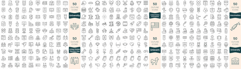 300 thin line icons bundle. In this set include unicorn, united states election day, united states of america, university, vaccination