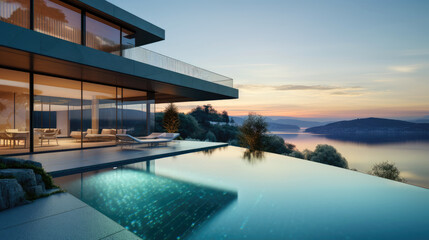 Fototapeta na wymiar Modern villa with infinity pool. Generative AI