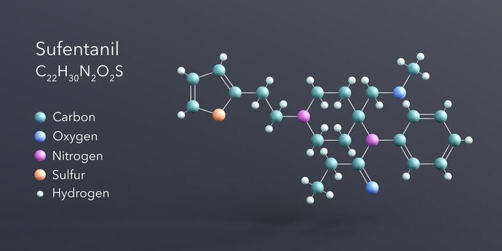 sufentanil molecule 3d rendering, flat molecular structure with chemical formula and atoms color coding