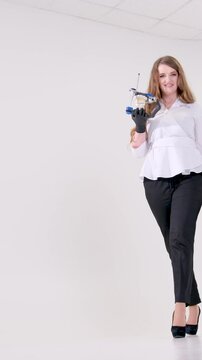 White studio lot of space for text female doctor walking space for text ad dental procedures false teeth prosthetics surgery artex system Amanngirrbach dental 