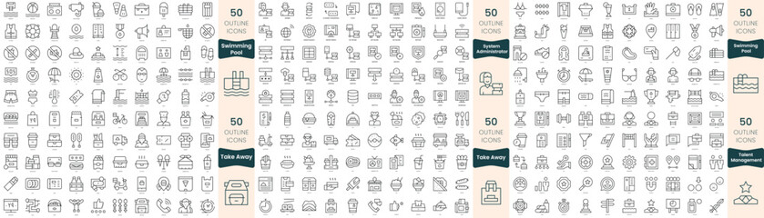 300 thin line icons bundle. In this set include swimming pool, system administrator, take away, talent management