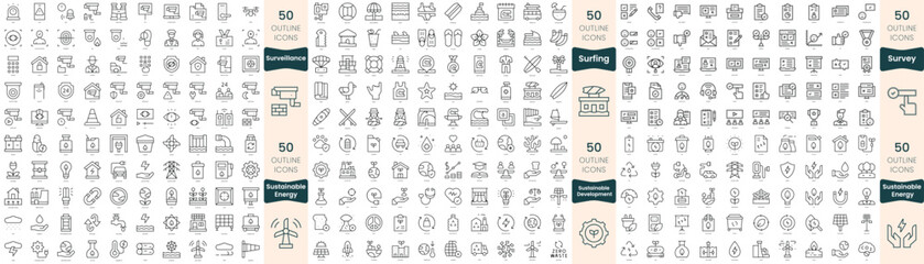 300 thin line icons bundle. In this set include surfing, surveillance, survey, sustainable development, sustainable energy