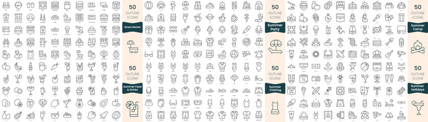 Obraz na płótnie Canvas 300 thin line icons bundle. In this set include street market, summer camp, summer clothing, summer food and drinks, summer holidays, summer party