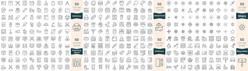 300 thin line icons bundle. In this set include stars, stationery, staycation, streaming sports, street food