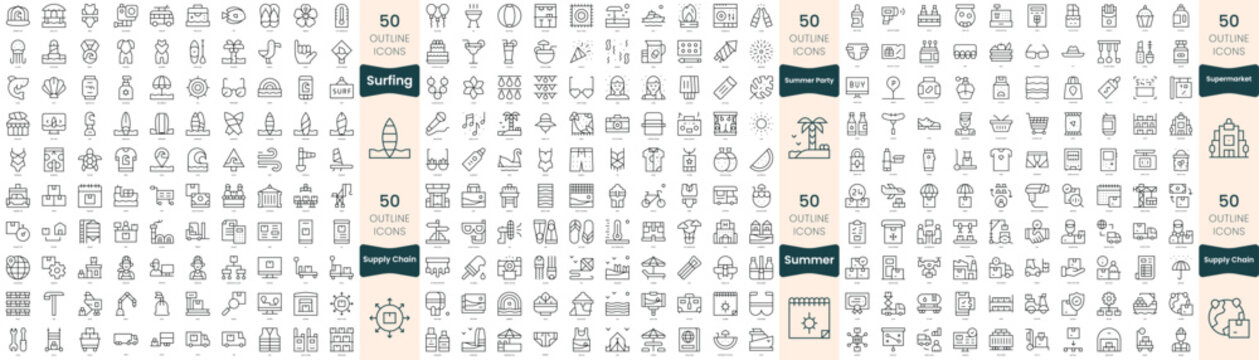 300 thin line icons bundle. In this set include summer party, summer, supermarket, supply chain, surfing
